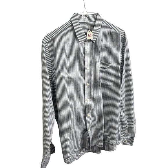Muji Blue & White Striped Button-Down Shirt Long Sleeve Linen Blend Large - Picture 6 of 6